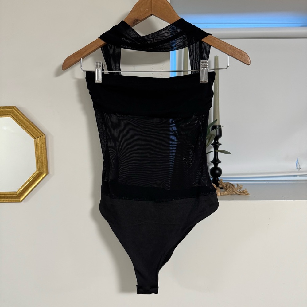 Black Mesh Halter Neck Tube Top Bodysuit